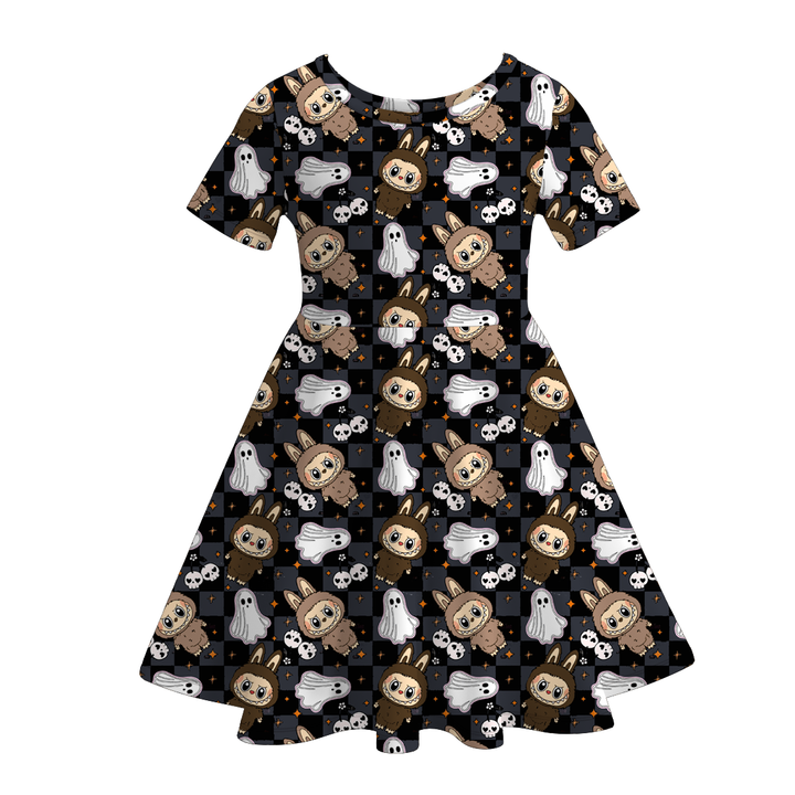 Halloween pumpkin Labubu short sleeve twirly dress