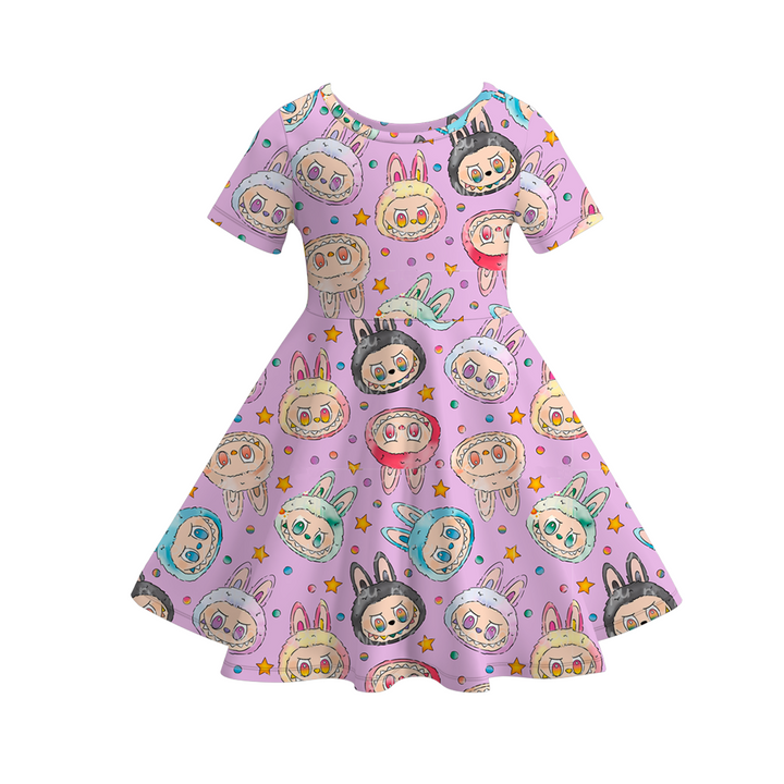 Labubu inspired printed short sleeve twirly dress