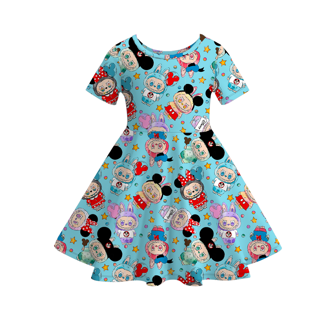 Labubu inspired printed short sleeve twirly dress