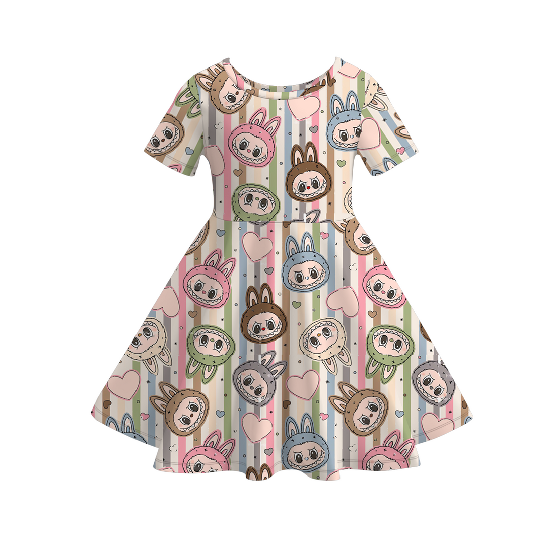 Labubu inspired printed short sleeve twirly dress