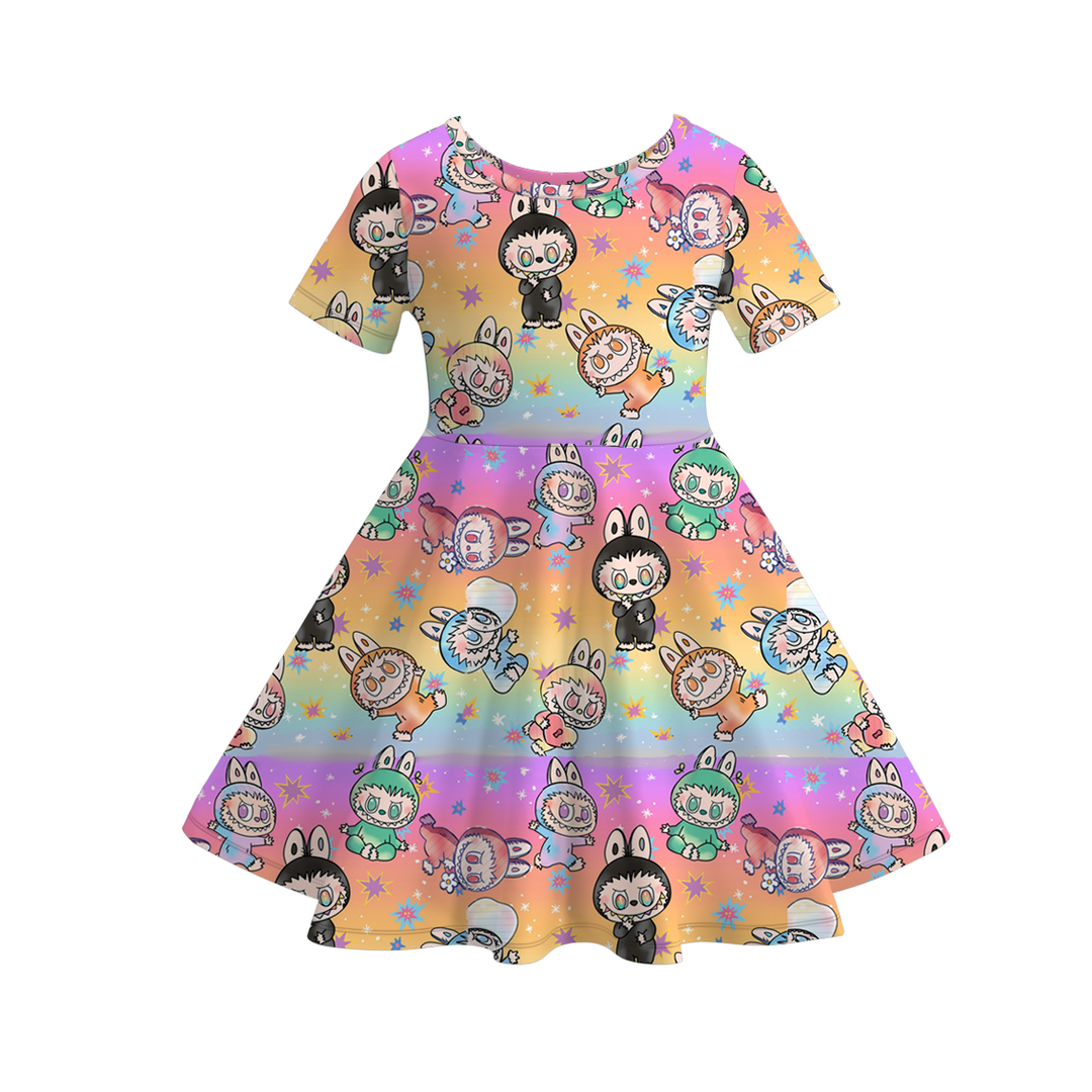 Labubu inspired printed short sleeve twirly dress