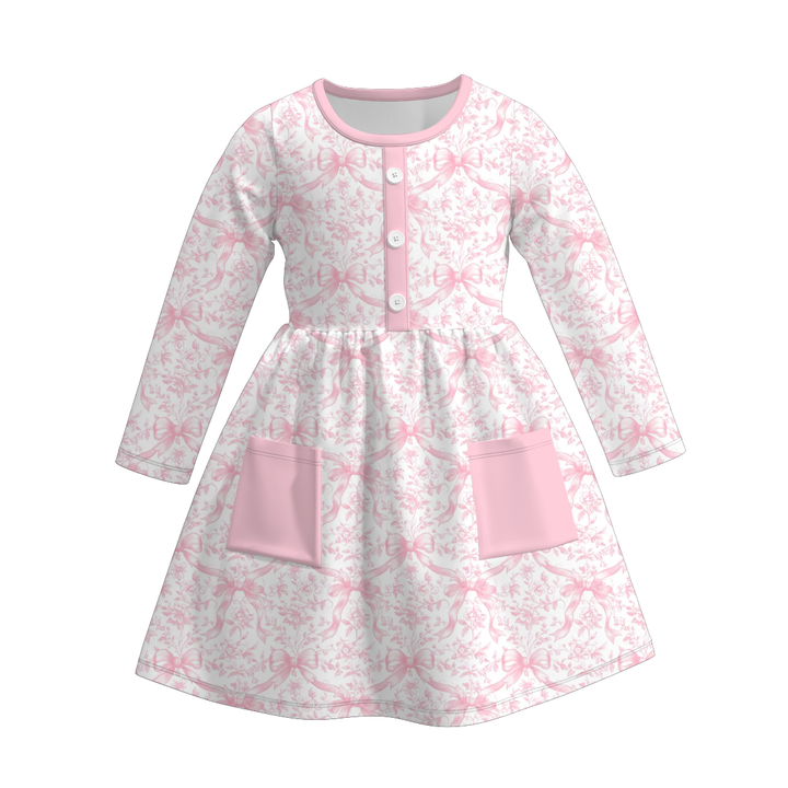 Girls pink bow pocket twirl dress