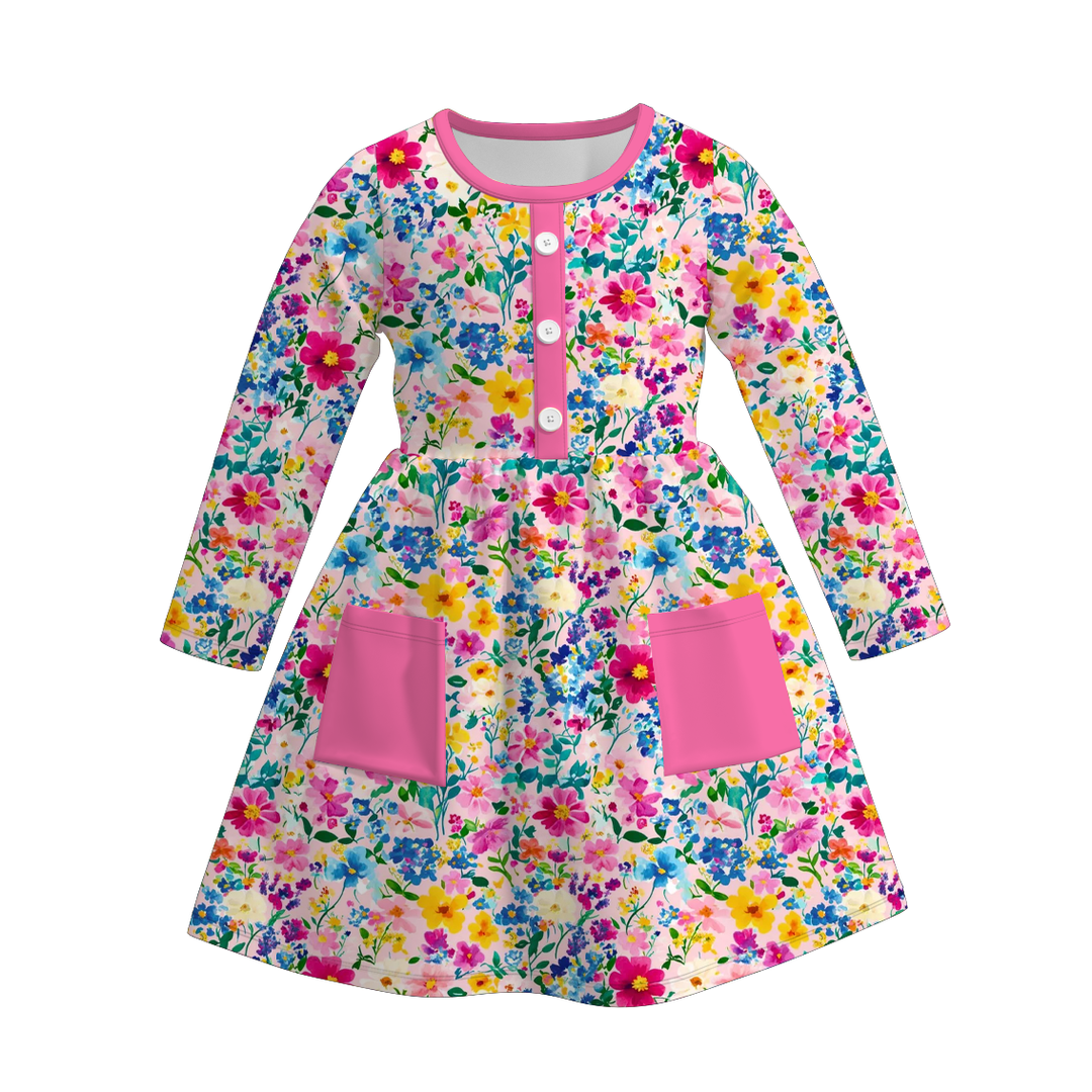 Girls pink bow pocket twirl dress