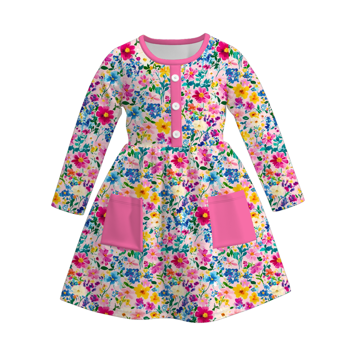 Girls pink bow pocket twirl dress