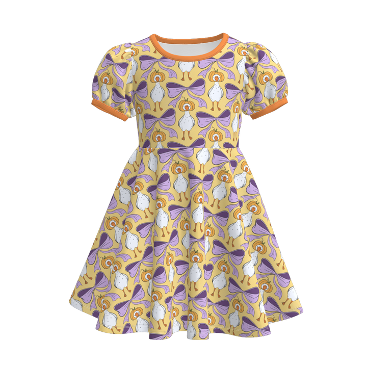 Pumpkin season themed printed twirly dress for girls