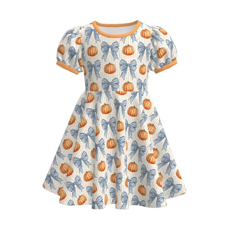 Pumpkin season themed printed twirly dress for girls