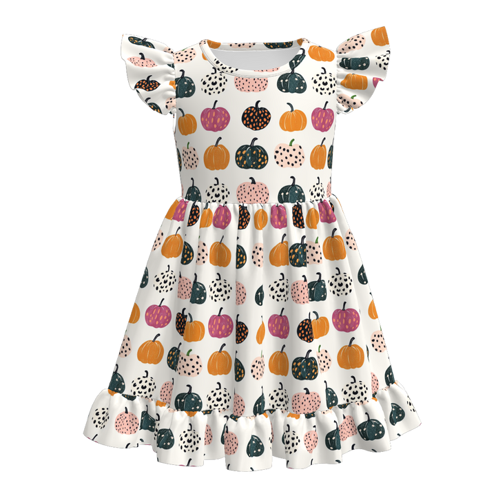 Pumpkin printed twirly ruffle dress for girls