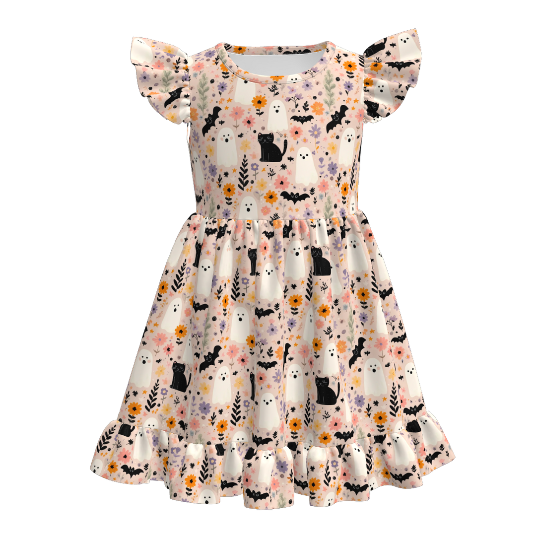 Pumpkin printed twirly ruffle dress for girls