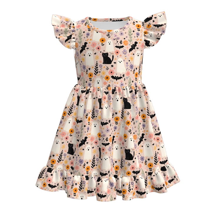 Pumpkin printed twirly ruffle dress for girls