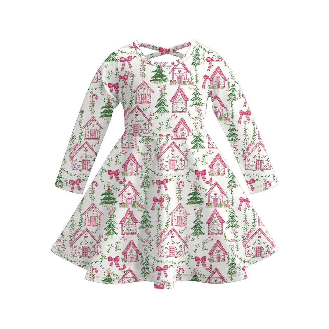 Christmas themed all-over print twirl ruffle dress