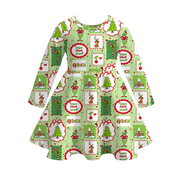 Christmas grinch inspired printed twirl ruffle dress