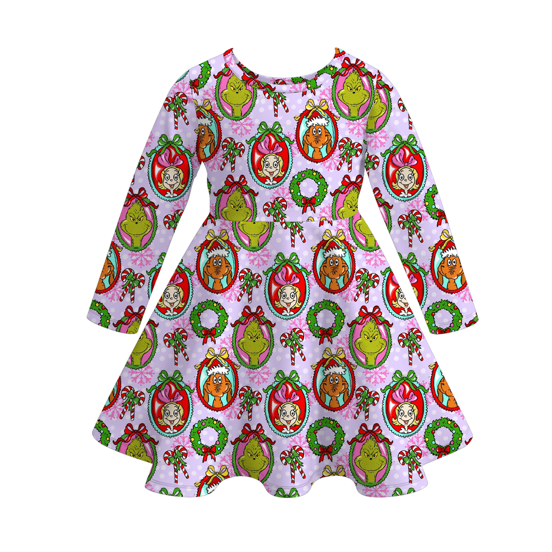 Christmas grinch inspired printed twirl ruffle dress