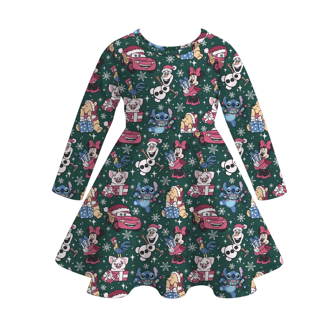 Christmas cartoon character inspired printed twirl ruffle dress