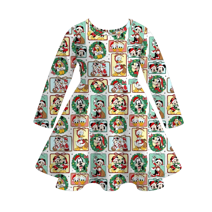 Christmas cartoon character inspired printed twirl ruffle dress