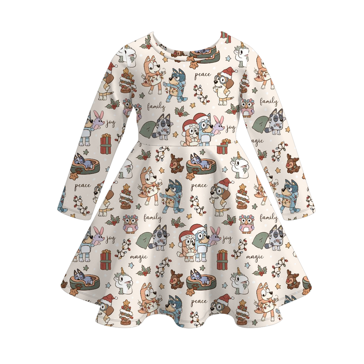 Christmas cartoon character inspired printed twirl ruffle dress