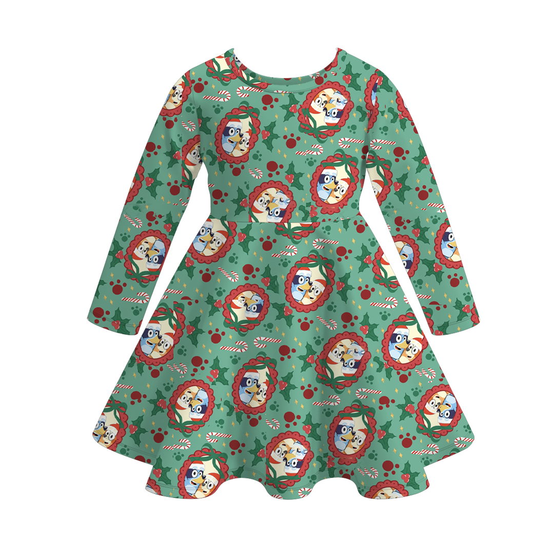 Christmas cartoon character printed twirl ruffle dress