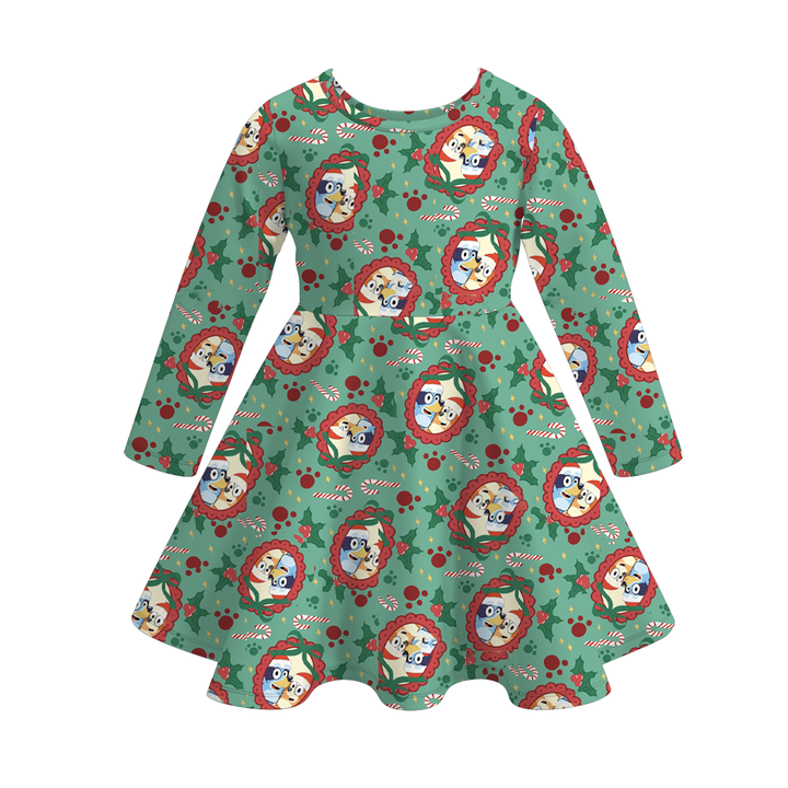 Christmas cartoon character printed twirl ruffle dress