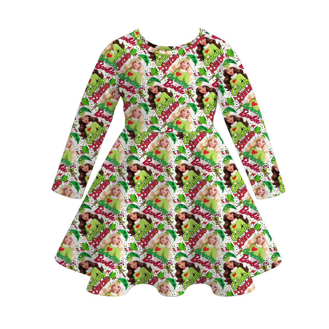 Christmas cartoon character printed twirl ruffle dress