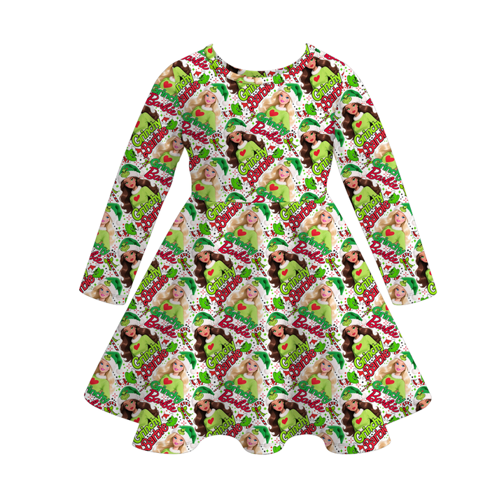Christmas cartoon character printed twirl ruffle dress