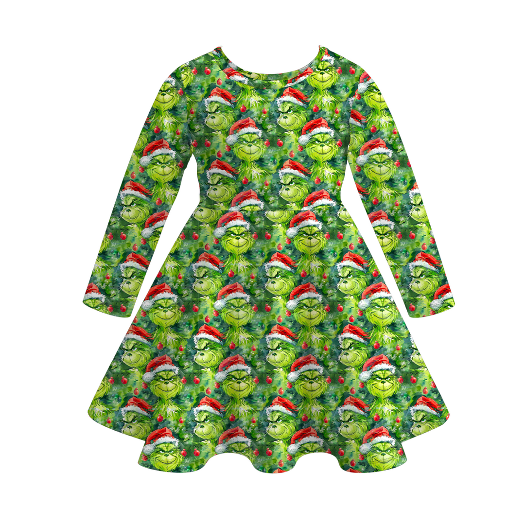 Christmas grinch inspired printed twirl ruffle dress