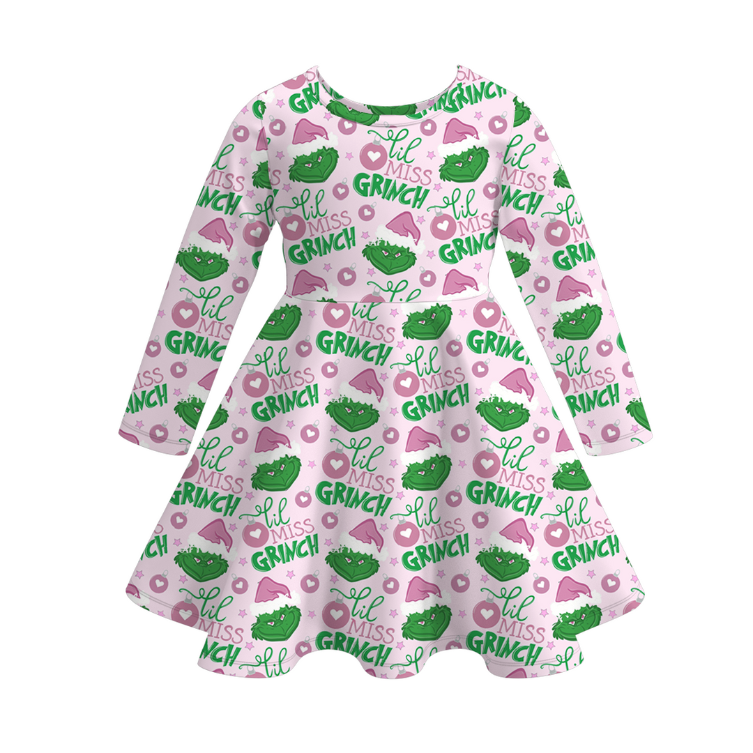 Christmas grinch inspired printed twirl ruffle dress