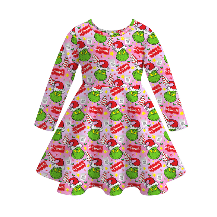 Christmas grinch inspired printed twirl ruffle dress
