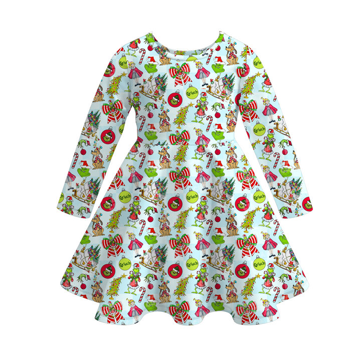 Christmas grinch inspired printed twirl ruffle dress