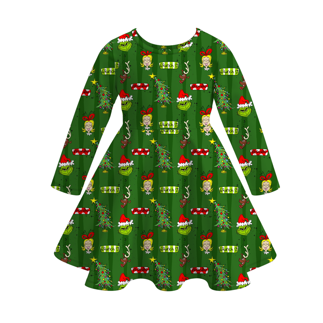 Christmas grinch inspired printed twirl ruffle dress