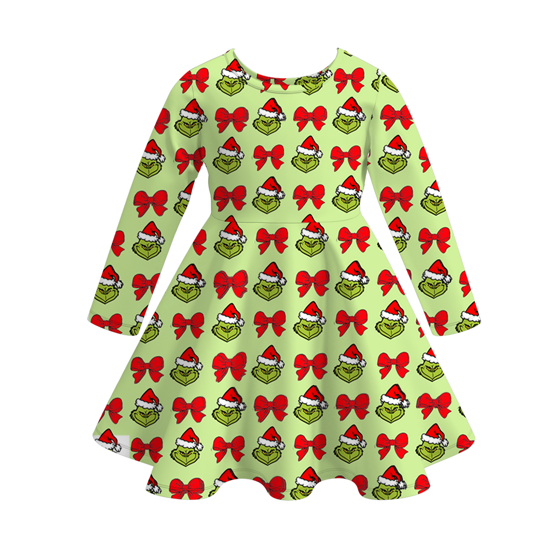 Christmas grinch inspired printed twirl ruffle dress
