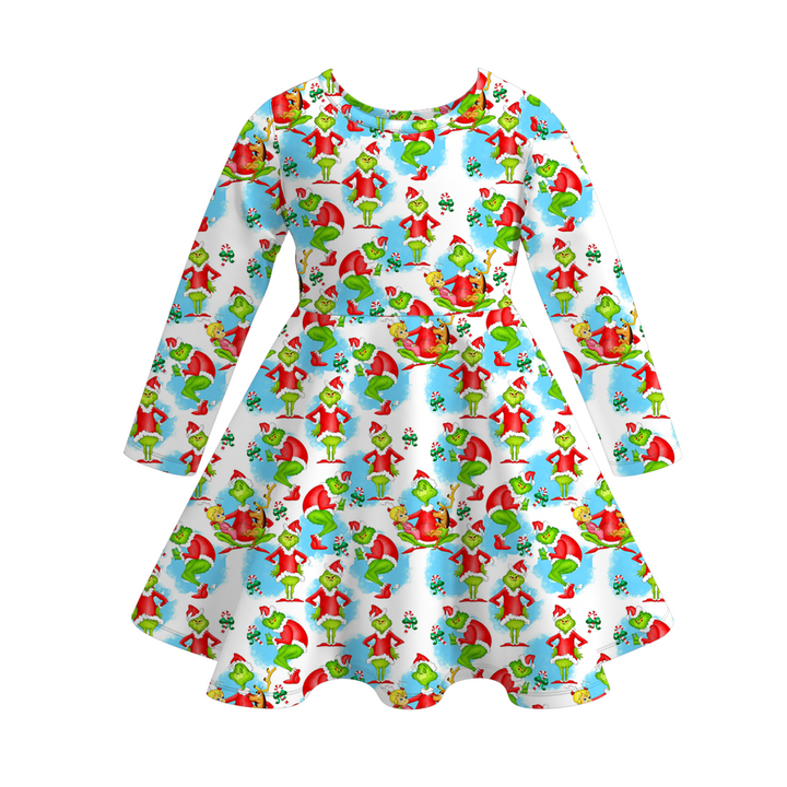 Christmas grinch inspired printed twirl ruffle dress