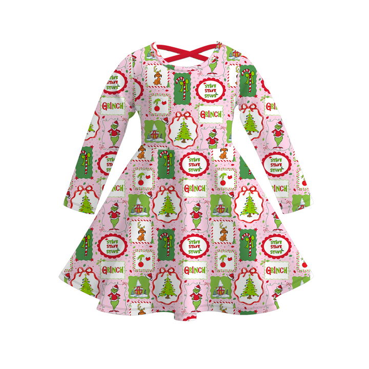 Christmas grinch inspired printed twirl ruffle dress