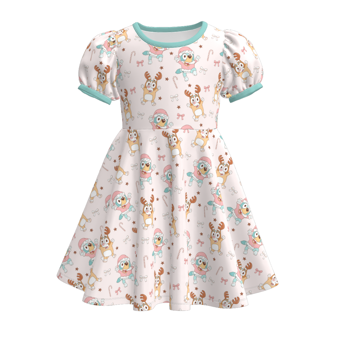 Christmas cartoon character printed puff sleeve twirl dress