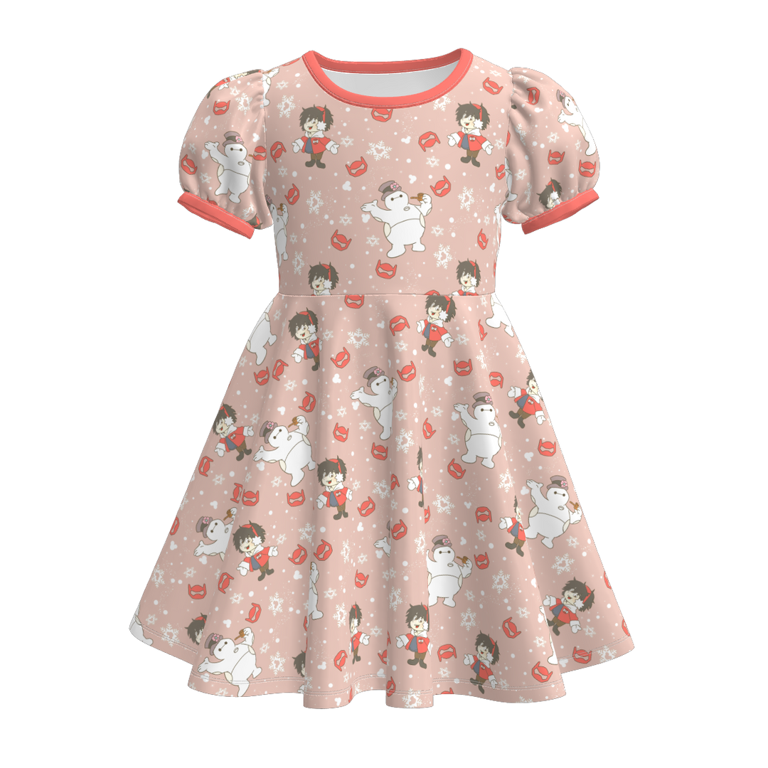 Christmas cartoon character printed puff sleeve twirl dress