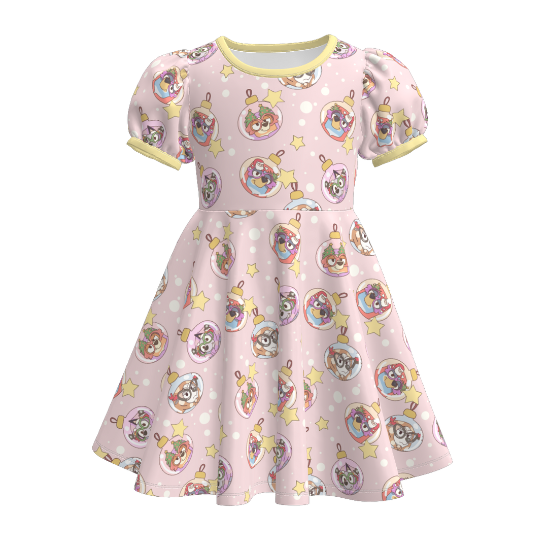 Christmas cartoon character printed puff sleeve twirl dress