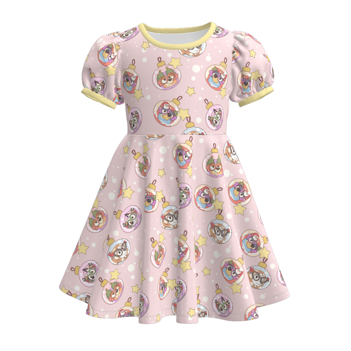 Christmas cartoon character printed puff sleeve twirl dress