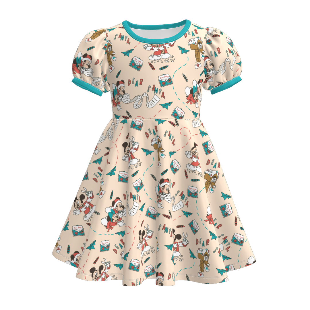 Christmas cartoon character printed puff sleeve twirl dress
