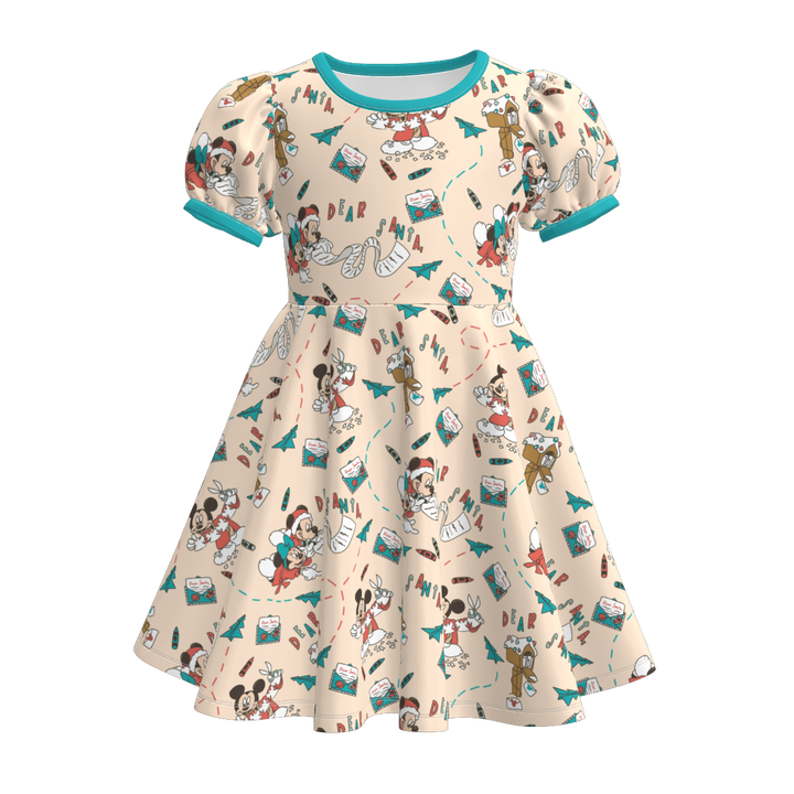 Christmas cartoon character printed puff sleeve twirl dress
