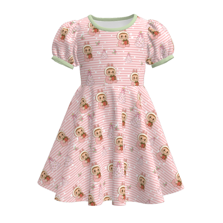 Christmas cartoon character printed puff sleeve twirl dress