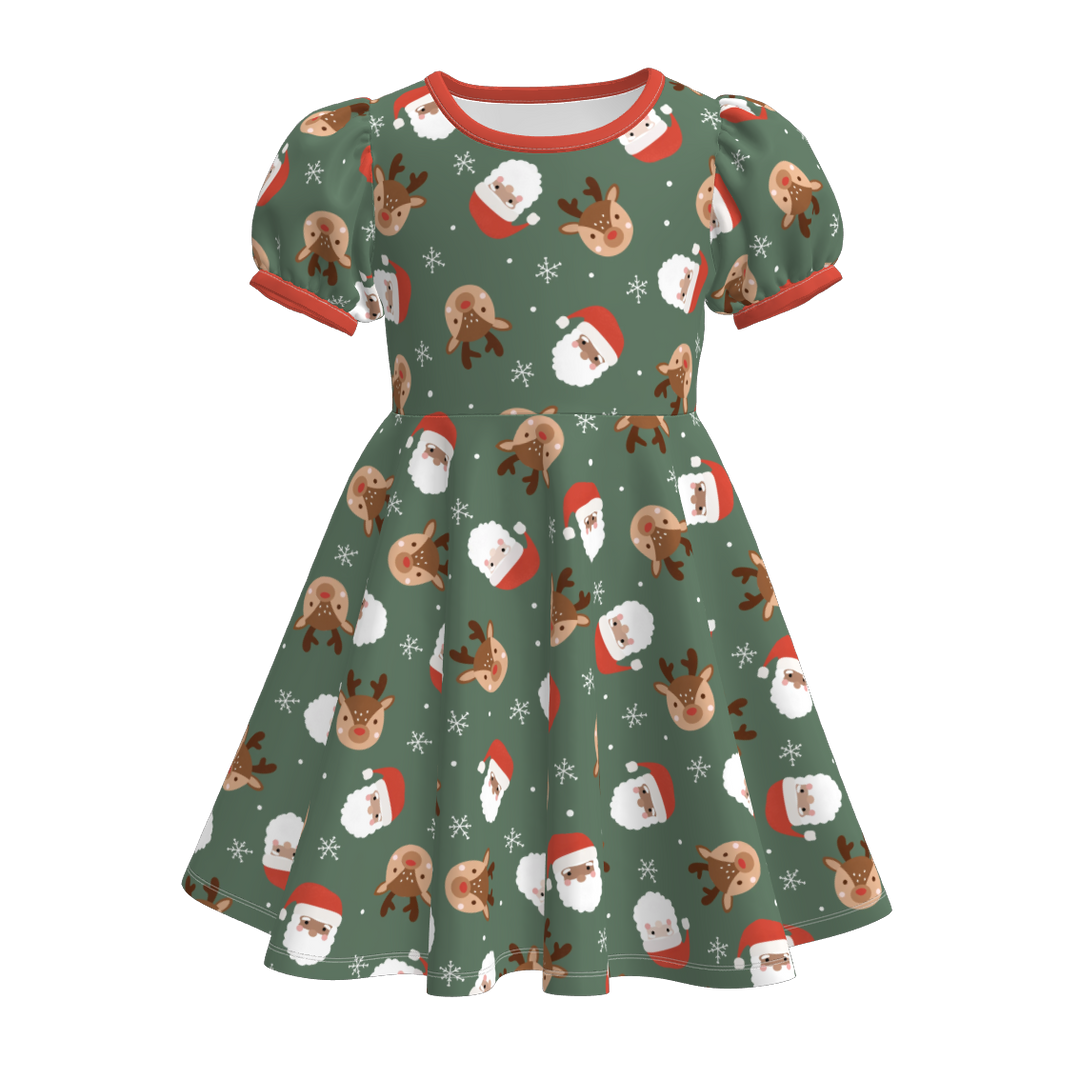 Christmas cartoon character printed puff sleeve twirl dress