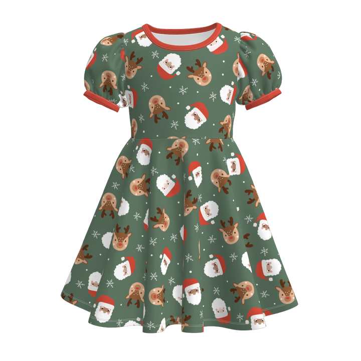 Christmas cartoon character printed puff sleeve twirl dress