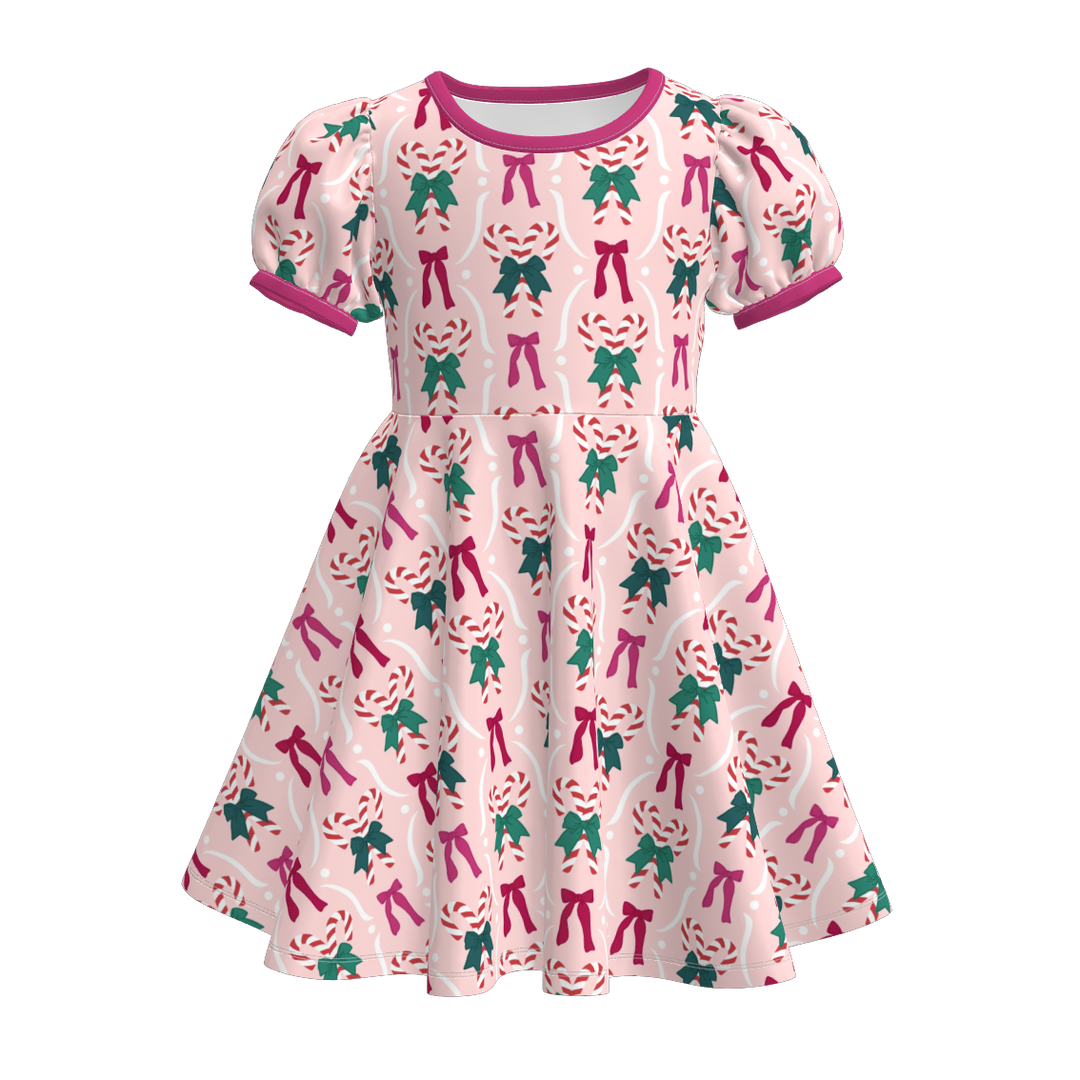 Christmas cartoon character printed puff sleeve twirl dress