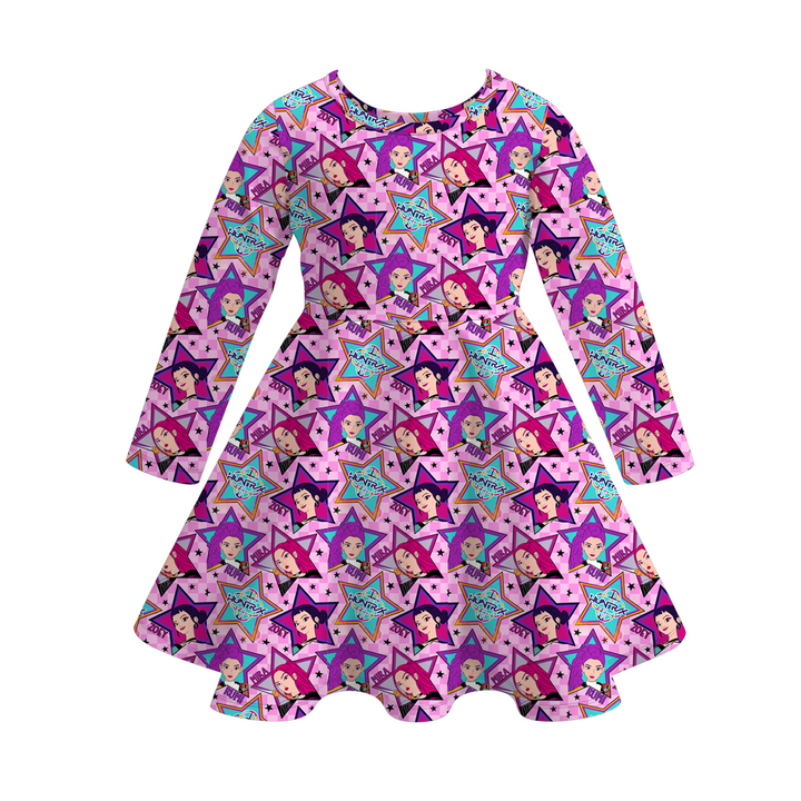 Kpop demon hunters inspired printed twirl ruffle dress