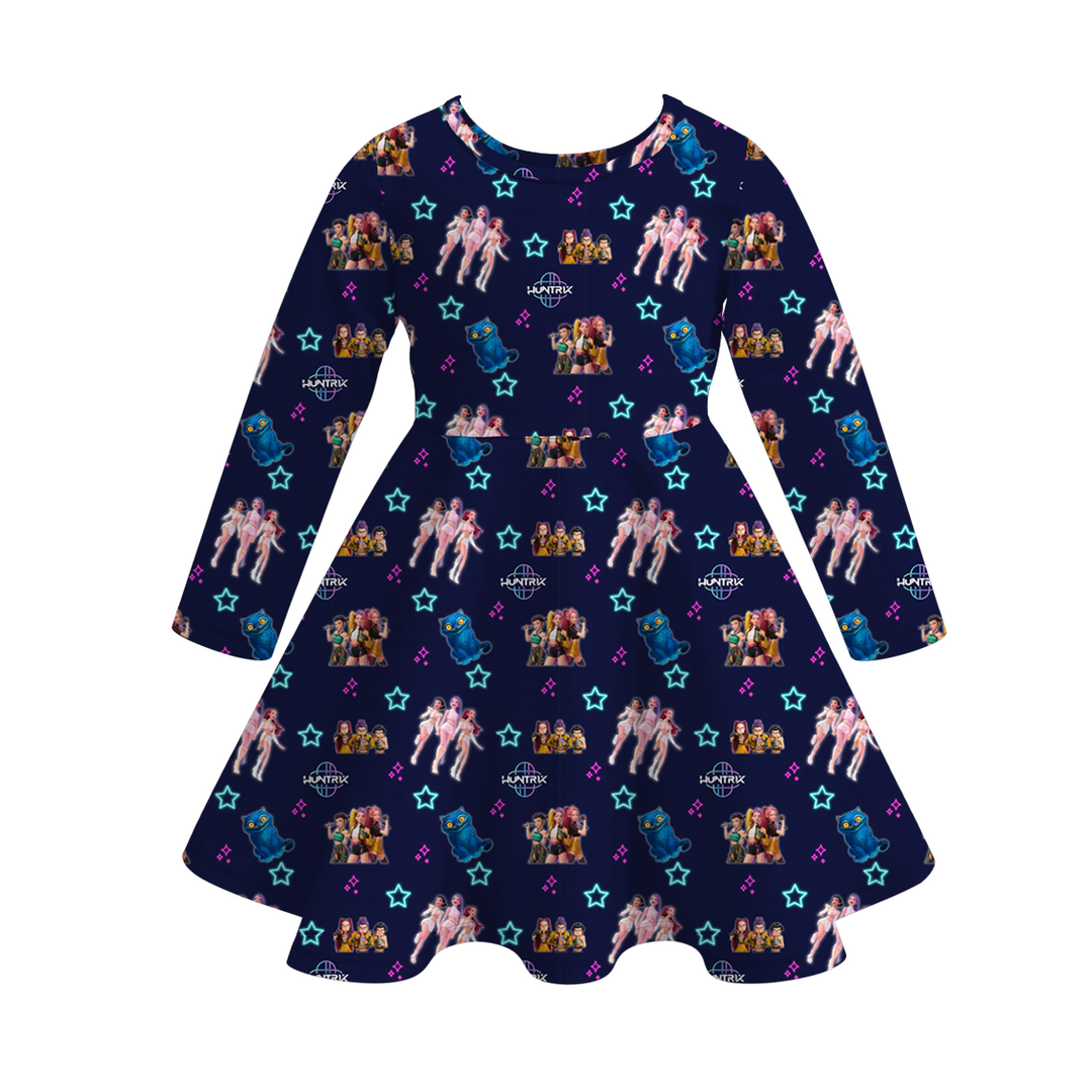 Kpop demon hunters inspired printed twirl ruffle dress