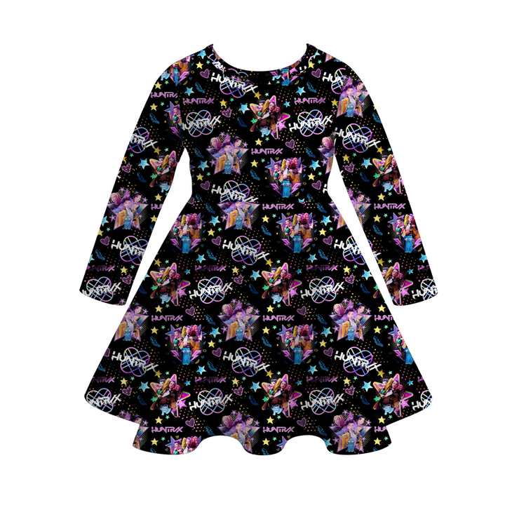 Kpop demon hunters inspired printed twirl ruffle dress