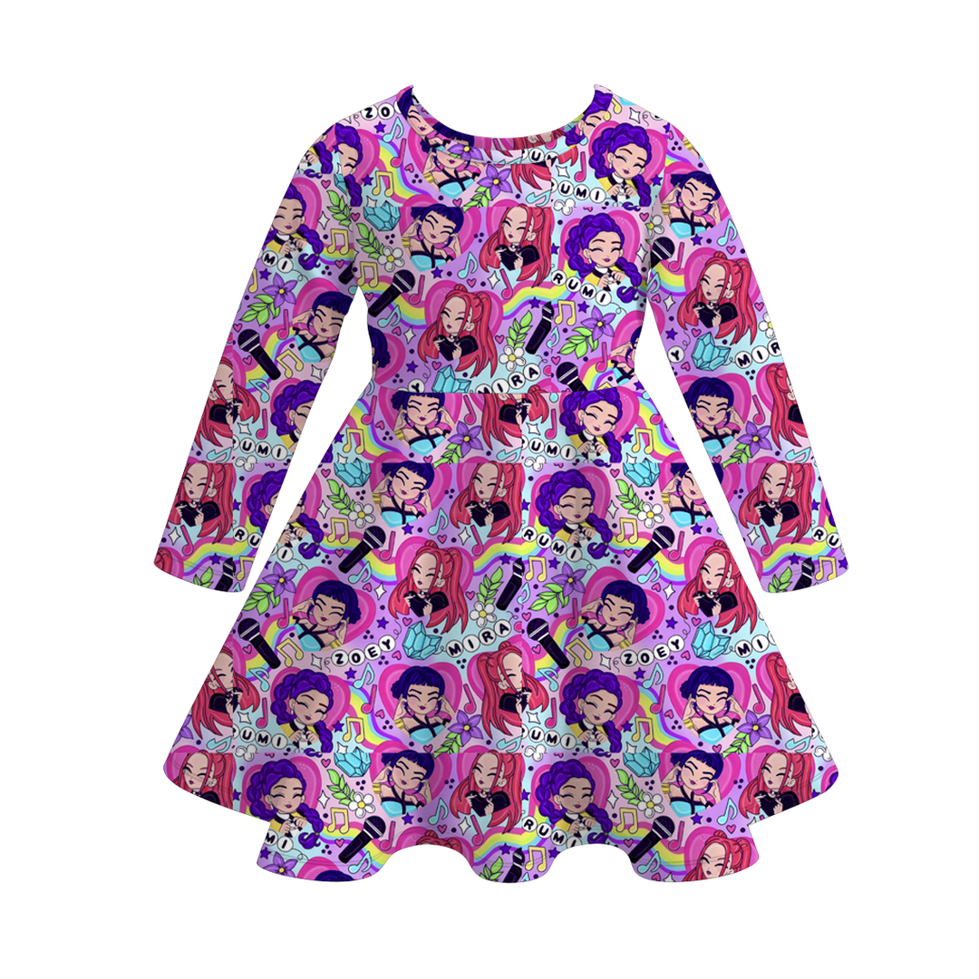 Kpop demon hunters inspired printed twirl ruffle dress