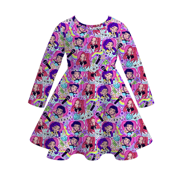 Kpop demon hunters inspired printed twirl ruffle dress