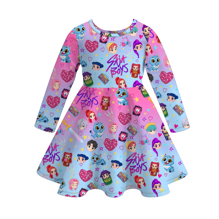 Kpop demon hunters inspired printed twirl ruffle dress