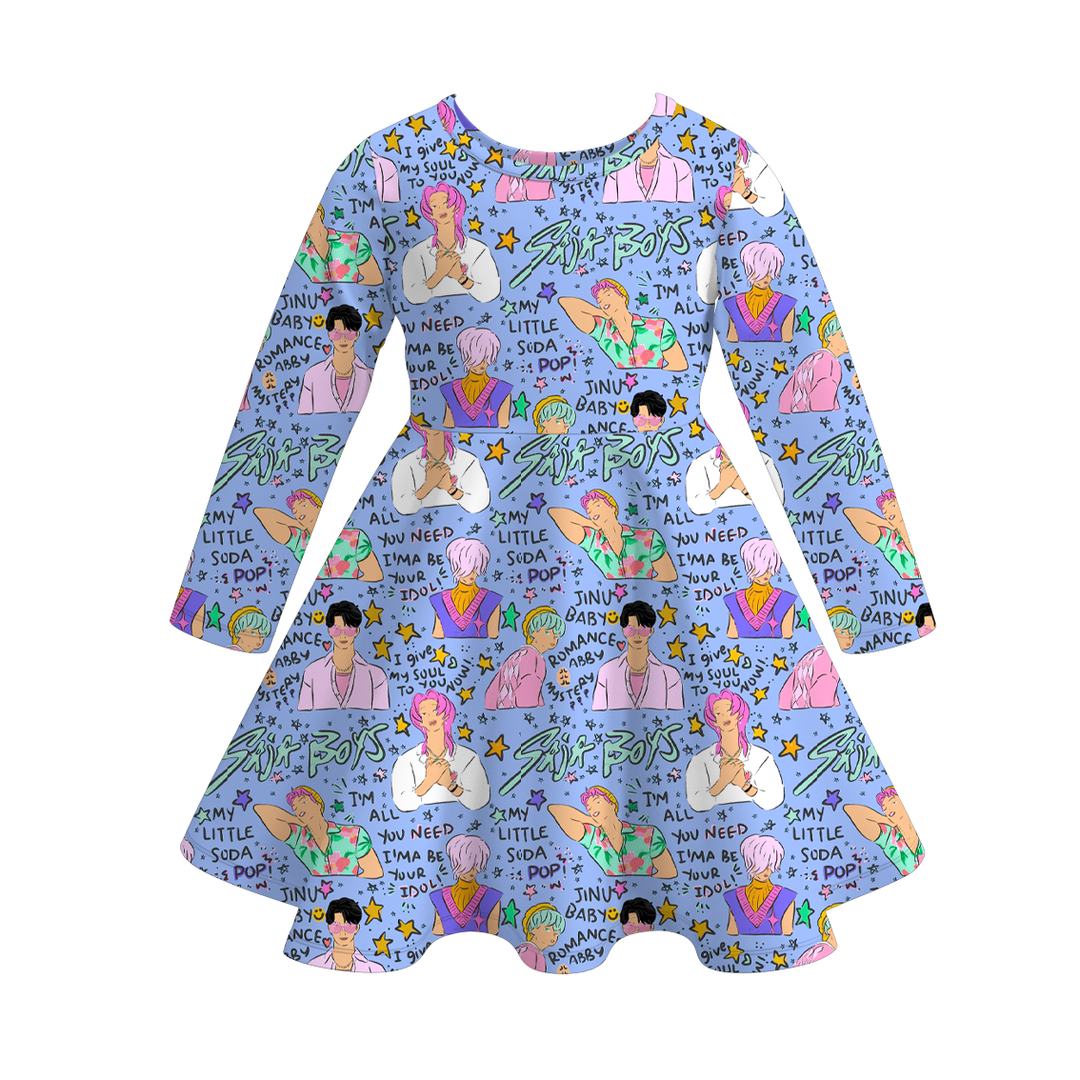 Kpop demon hunters inspired printed twirl ruffle dress
