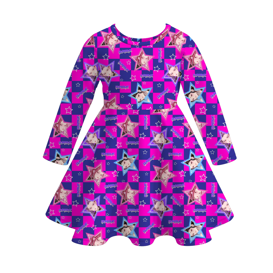 Kpop demon hunters inspired printed twirl ruffle dress