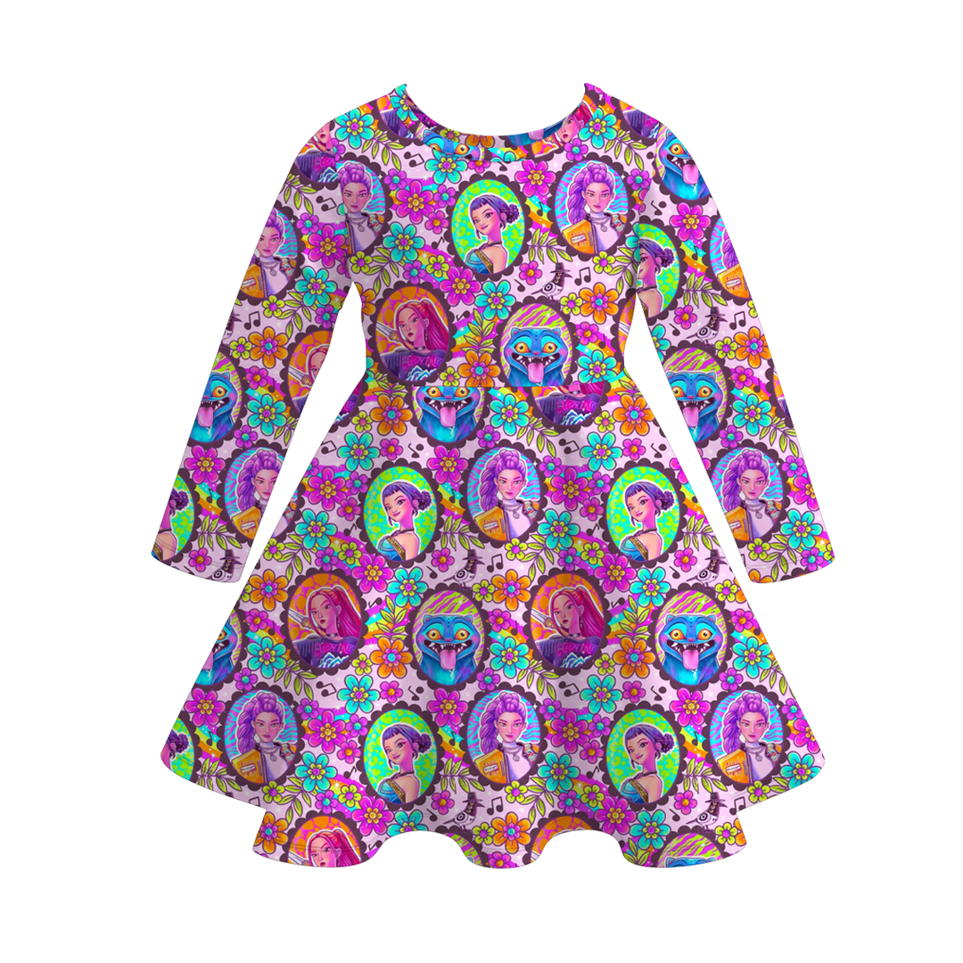 Kpop demon hunters inspired printed twirl ruffle dress